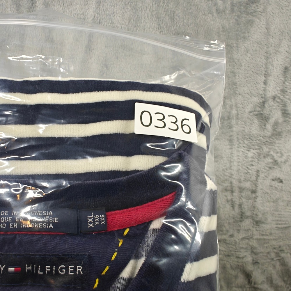 Vintage Tommy Hilfiger Velour Striped Shirt Mens XXL Navy White Y2K 2002 V-Neck - Picture 8 of 13